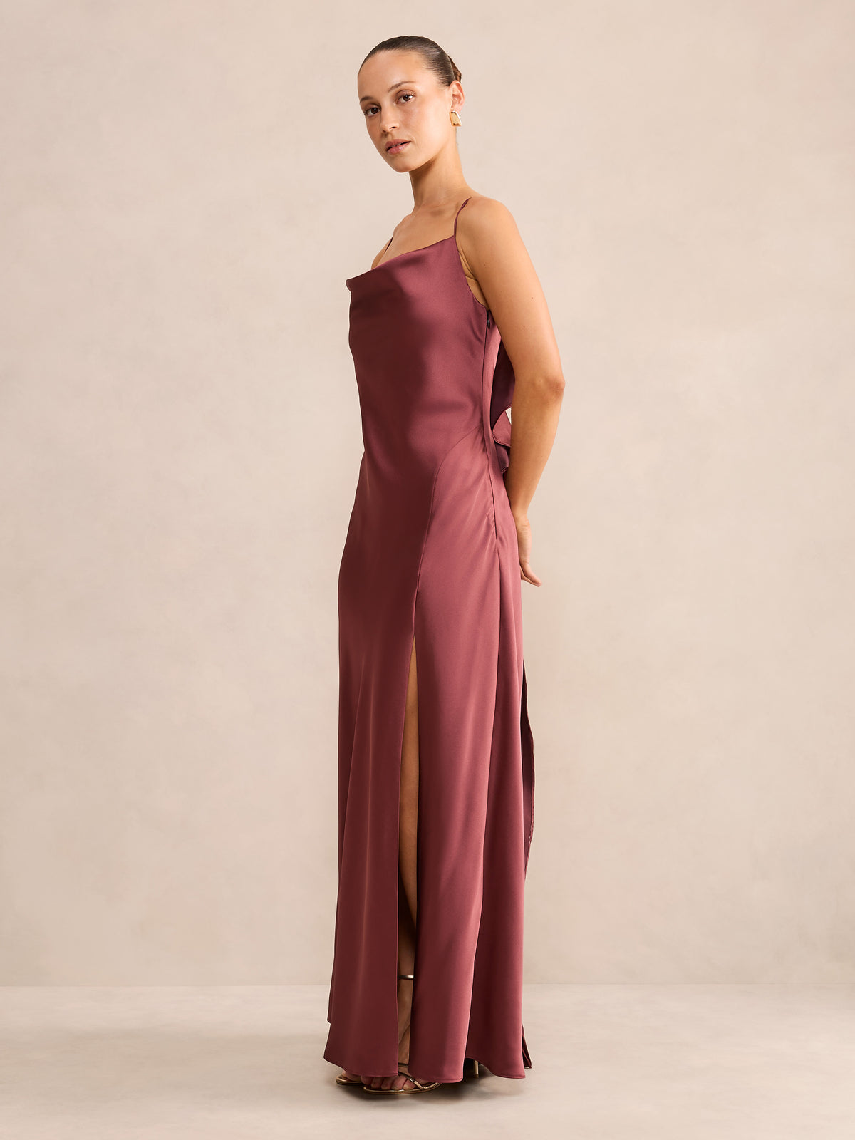 Allora Petite Ruffle Back Satin Maxi