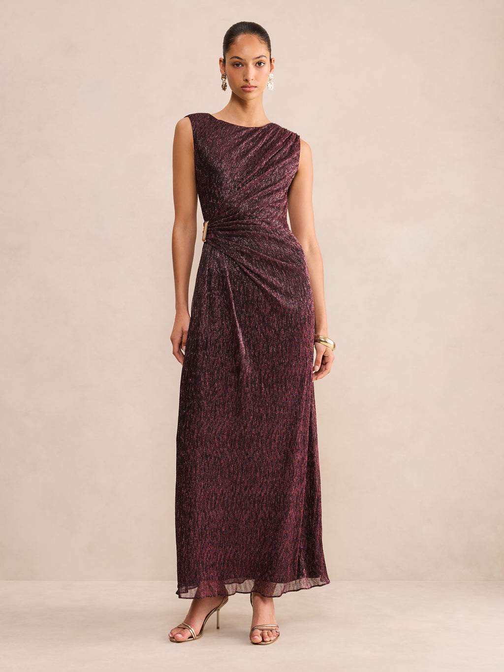 Lainey Sleeveless Draped Plisse Maxi