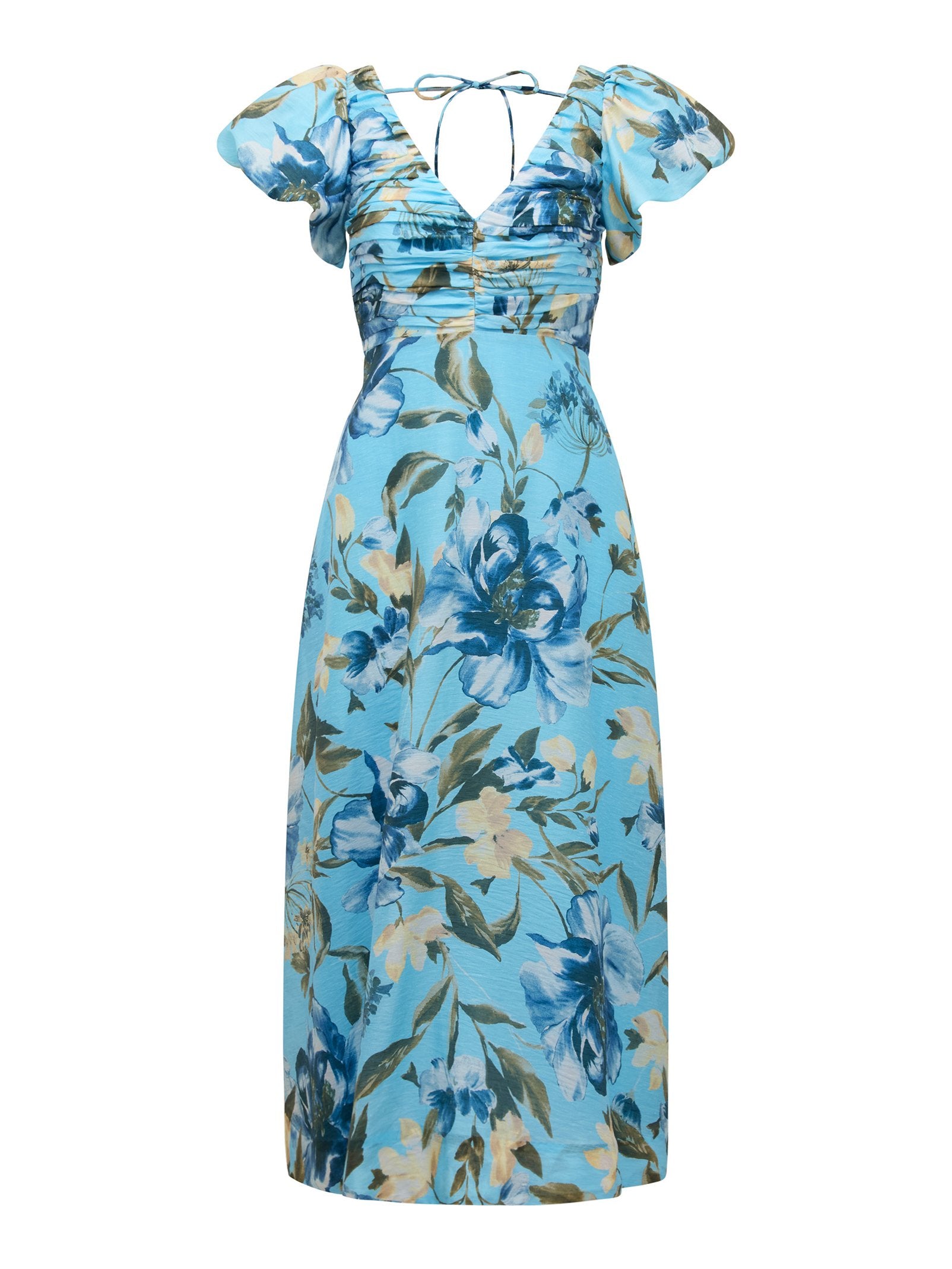  June Ruched V Neck Midi Dress