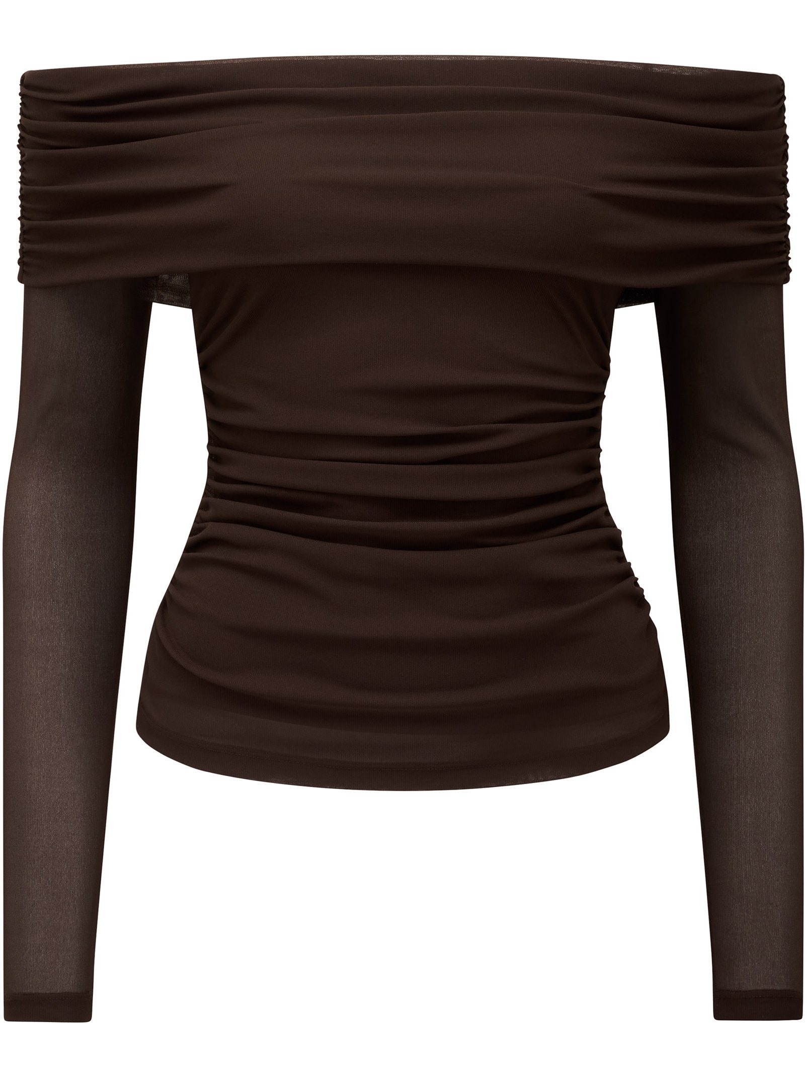  Kaia Ruched Mesh Bardot Top