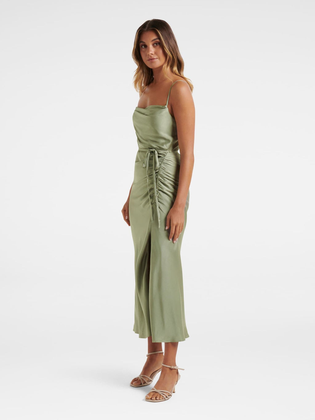 Fay Satin Cowl Ruched Slip Maxi Dress