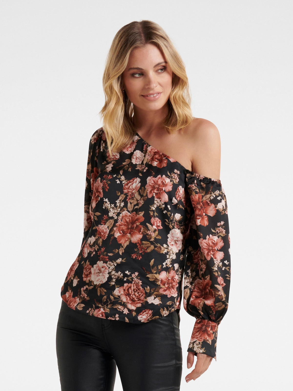 Lana Printed Satin Tipped Shoulder Blouse