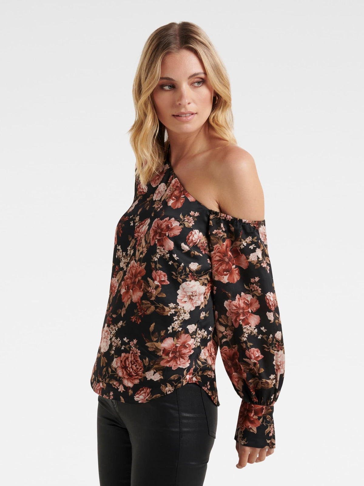 Lana Printed Satin Tipped Shoulder Blouse