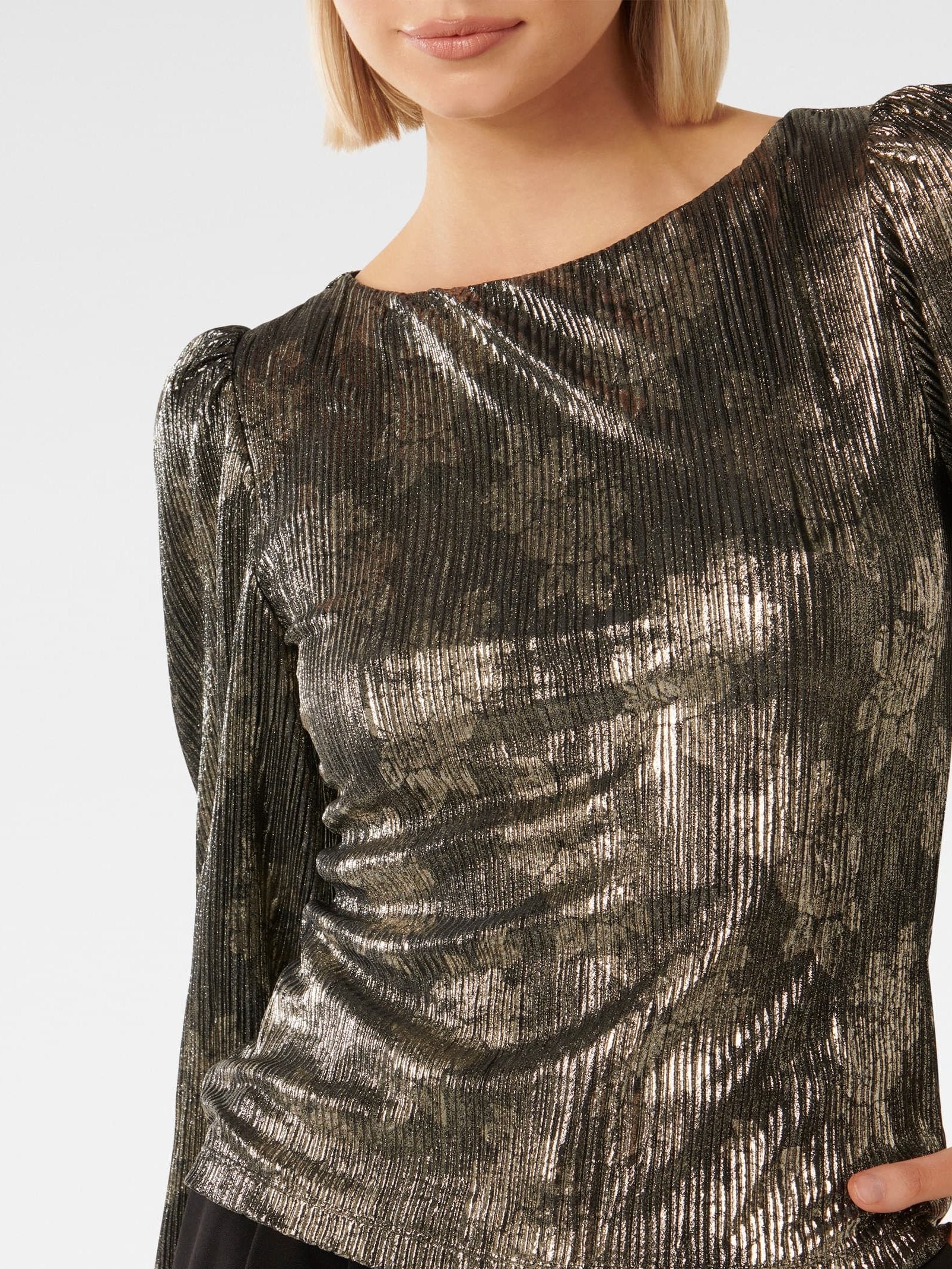 Gabriella Boat Neck Metallic Plisse Top