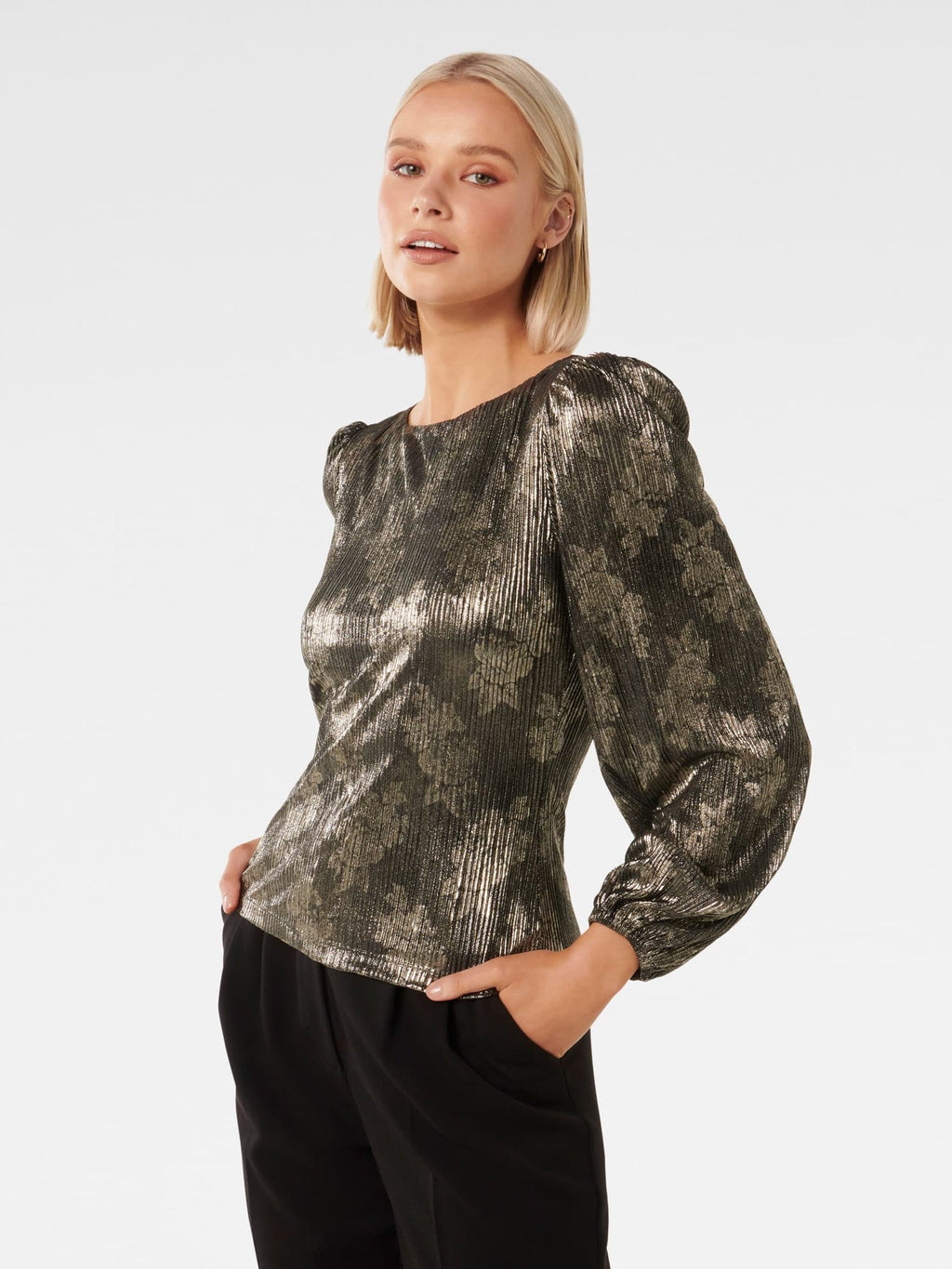 Gabriella Boat Neck Metallic Plisse Top