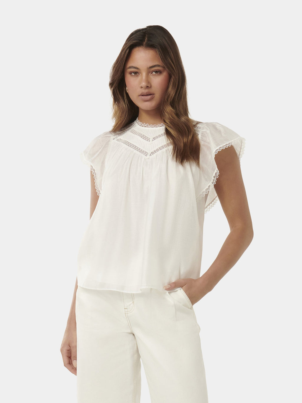 Shiloh Trim Spliced Flutter Sleeve Blouse