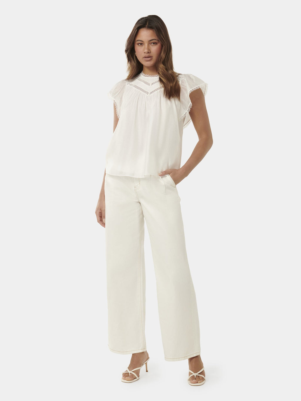  Shiloh Trim Spliced Flutter Sleeve Blouse