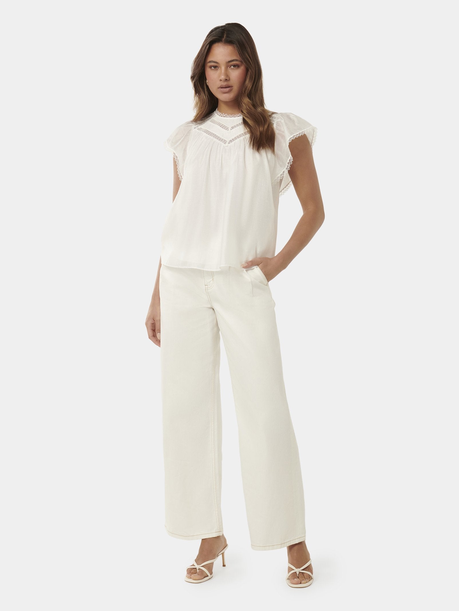  Shiloh Trim Spliced Flutter Sleeve Blouse