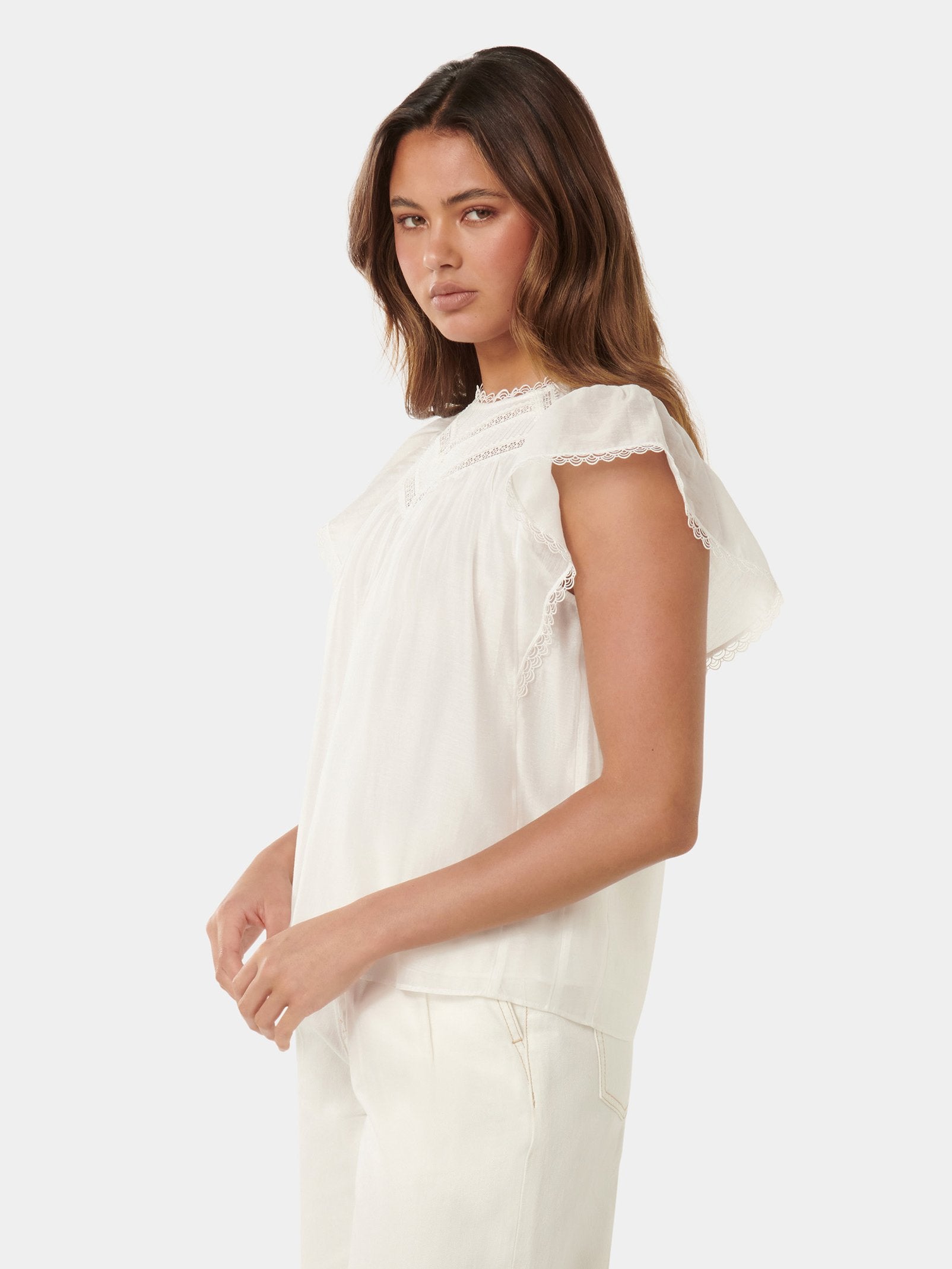  Shiloh Trim Spliced Flutter Sleeve Blouse