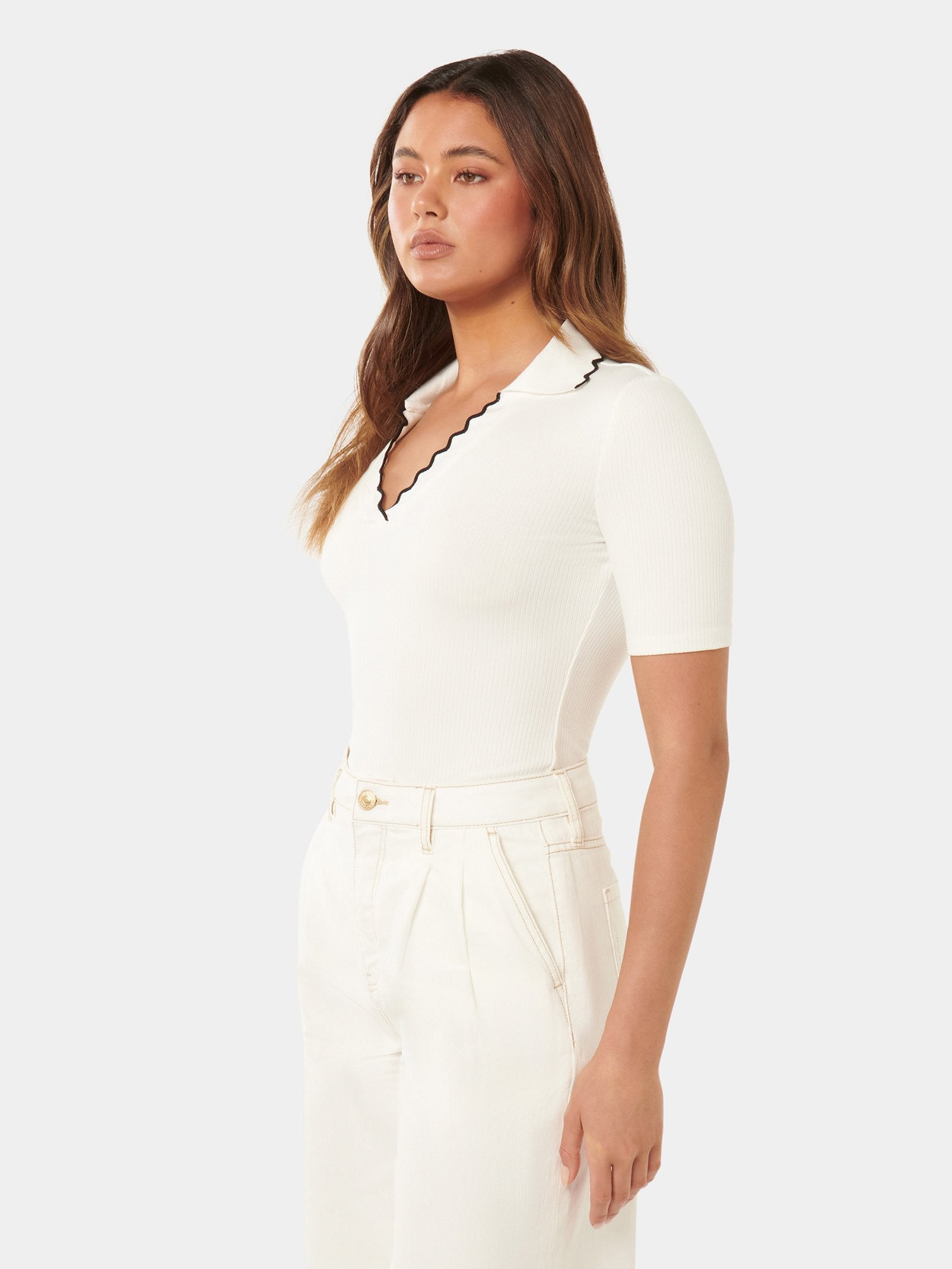  Nila Short Sleeve Scallop Polo Top
