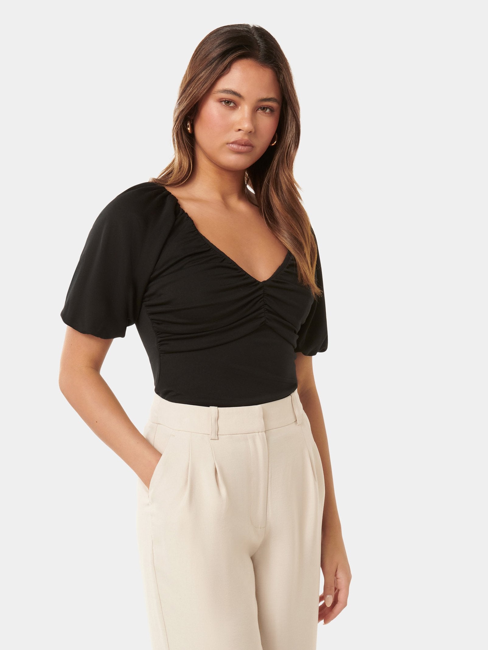  Desiree Ruched V Neck Raglan Top
