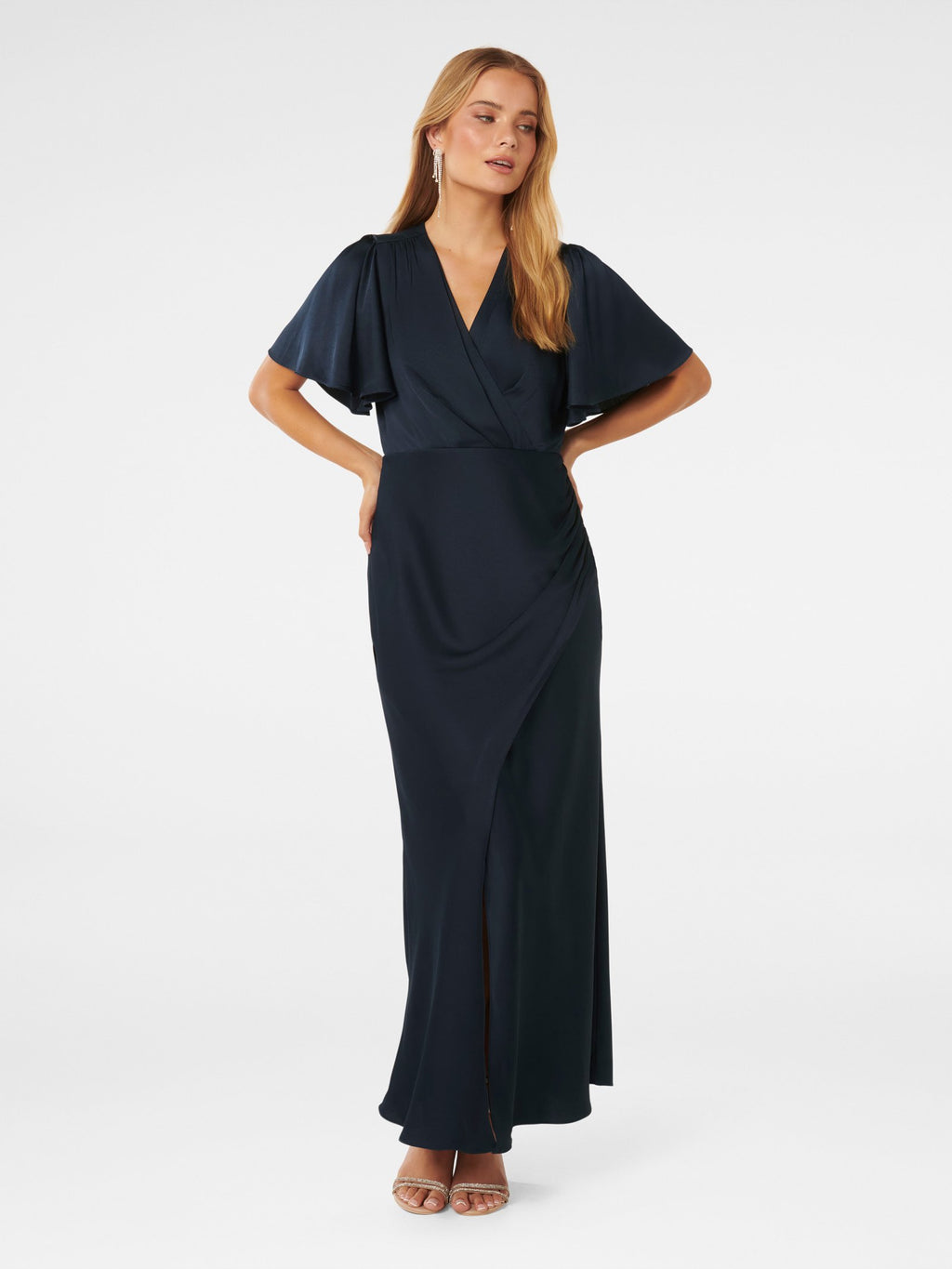 Chelsea Flutter Sleeve Satin Maxi Dress