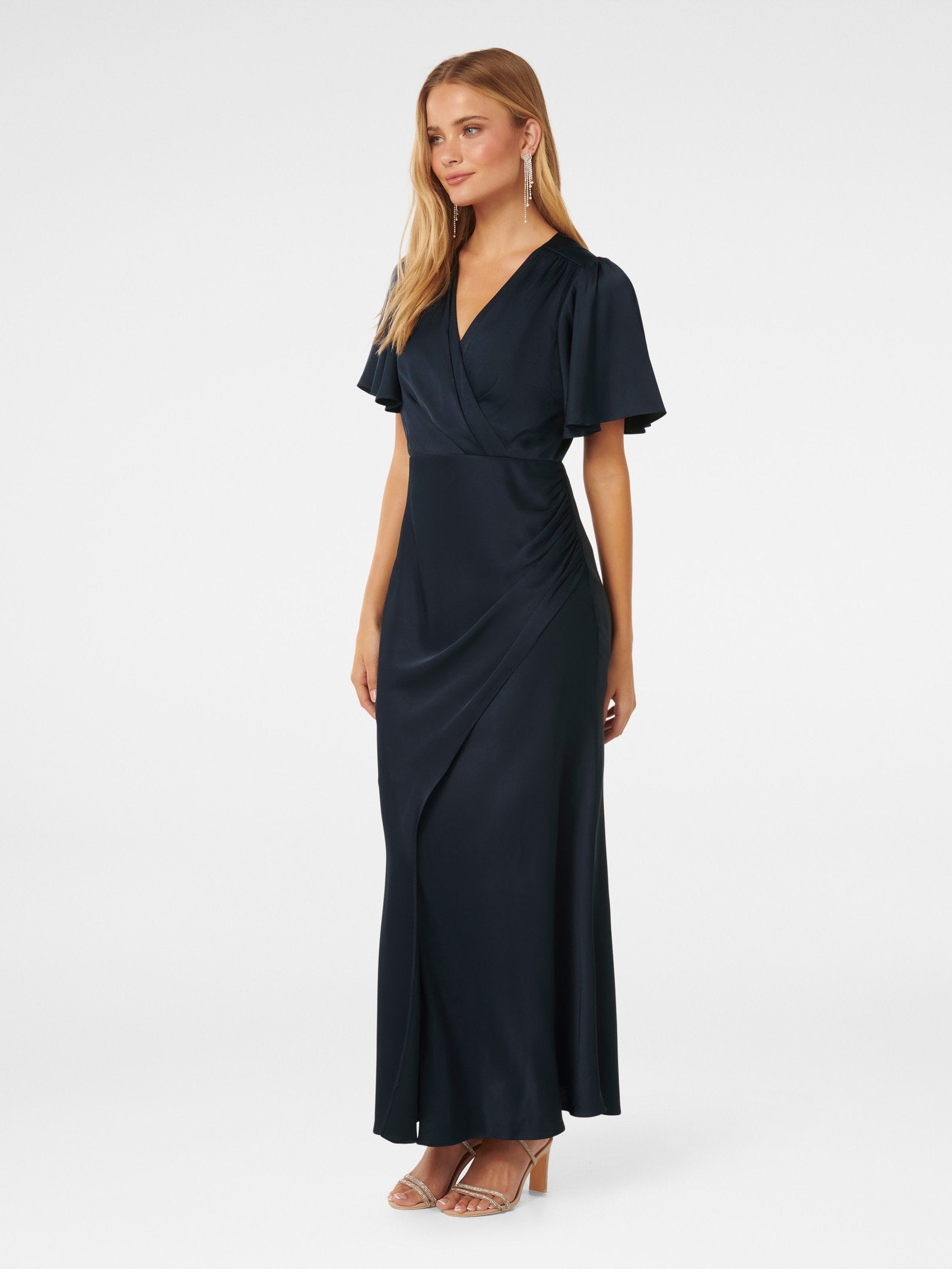  Chelsea Flutter Sleeve Satin Maxi Dress