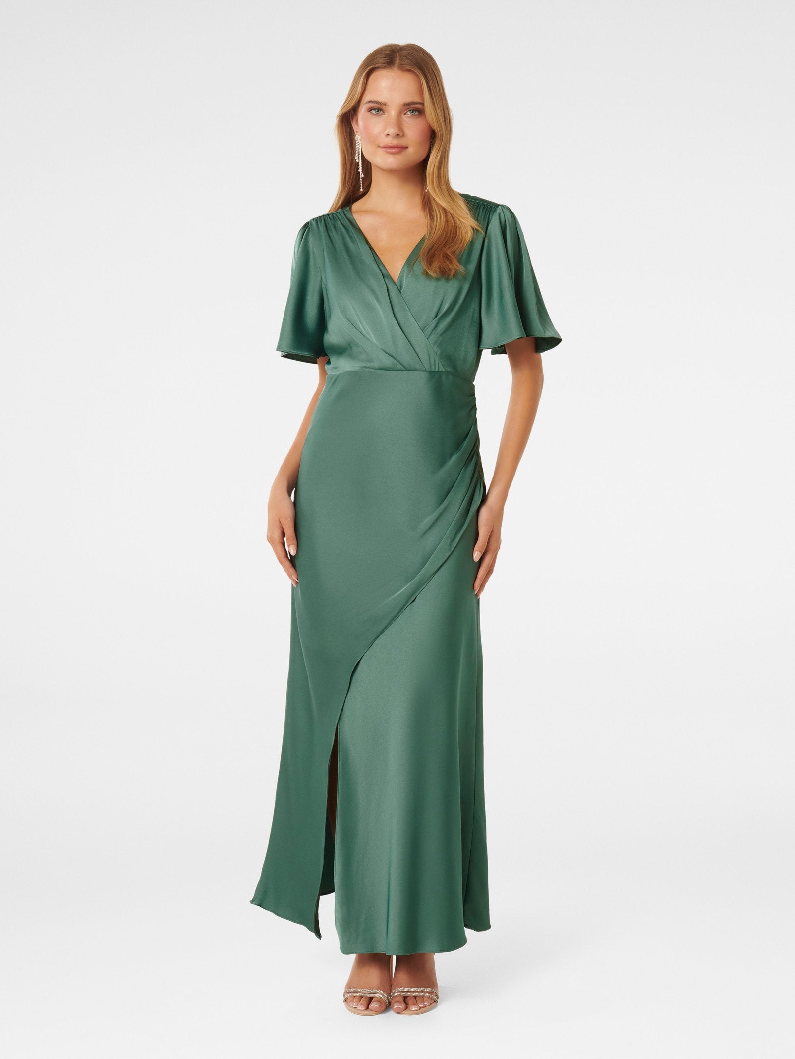 Chelsea Flutter Sleeve Satin Maxi Dress