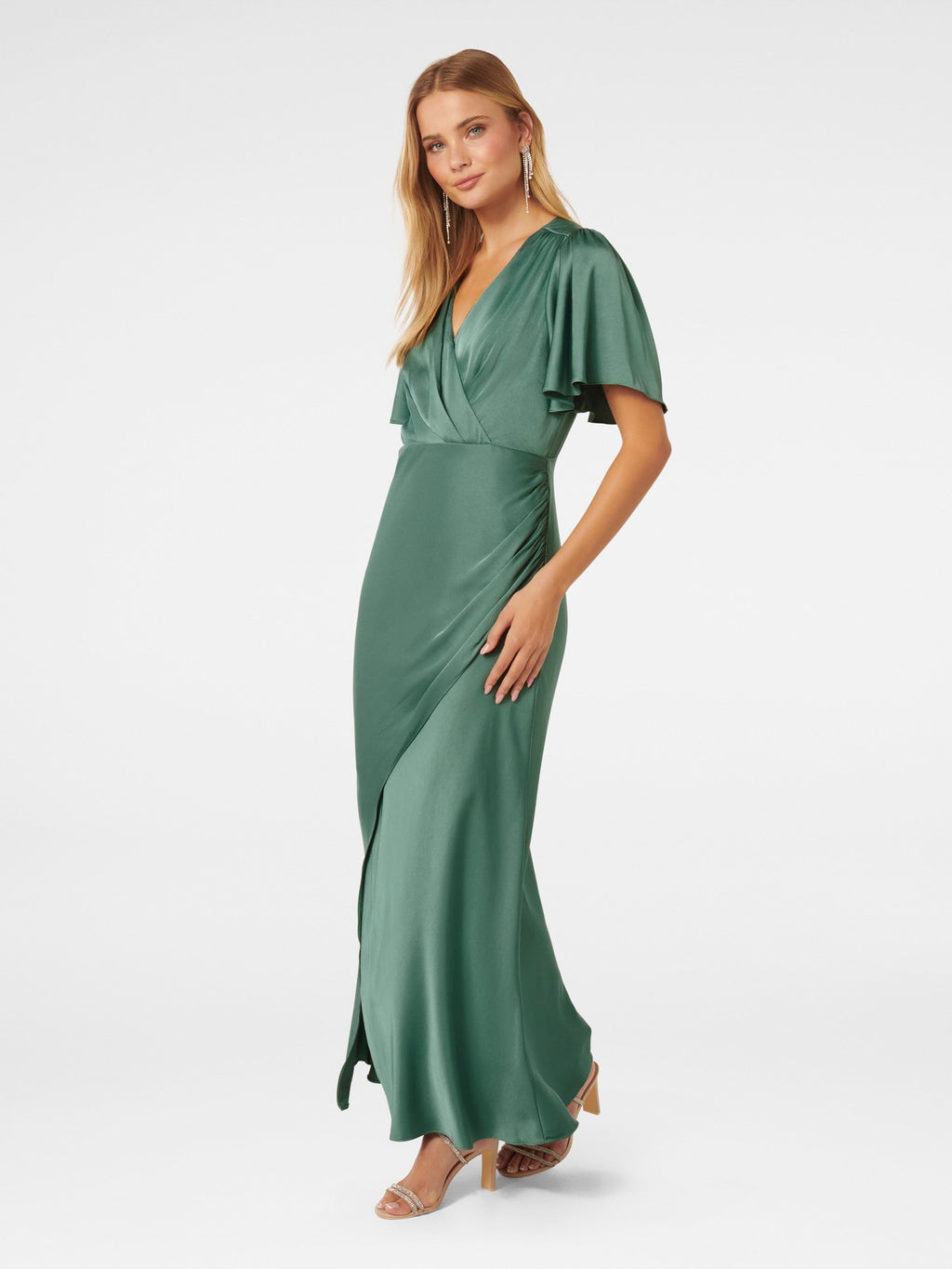  Chelsea Flutter Sleeve Satin Maxi Dress
