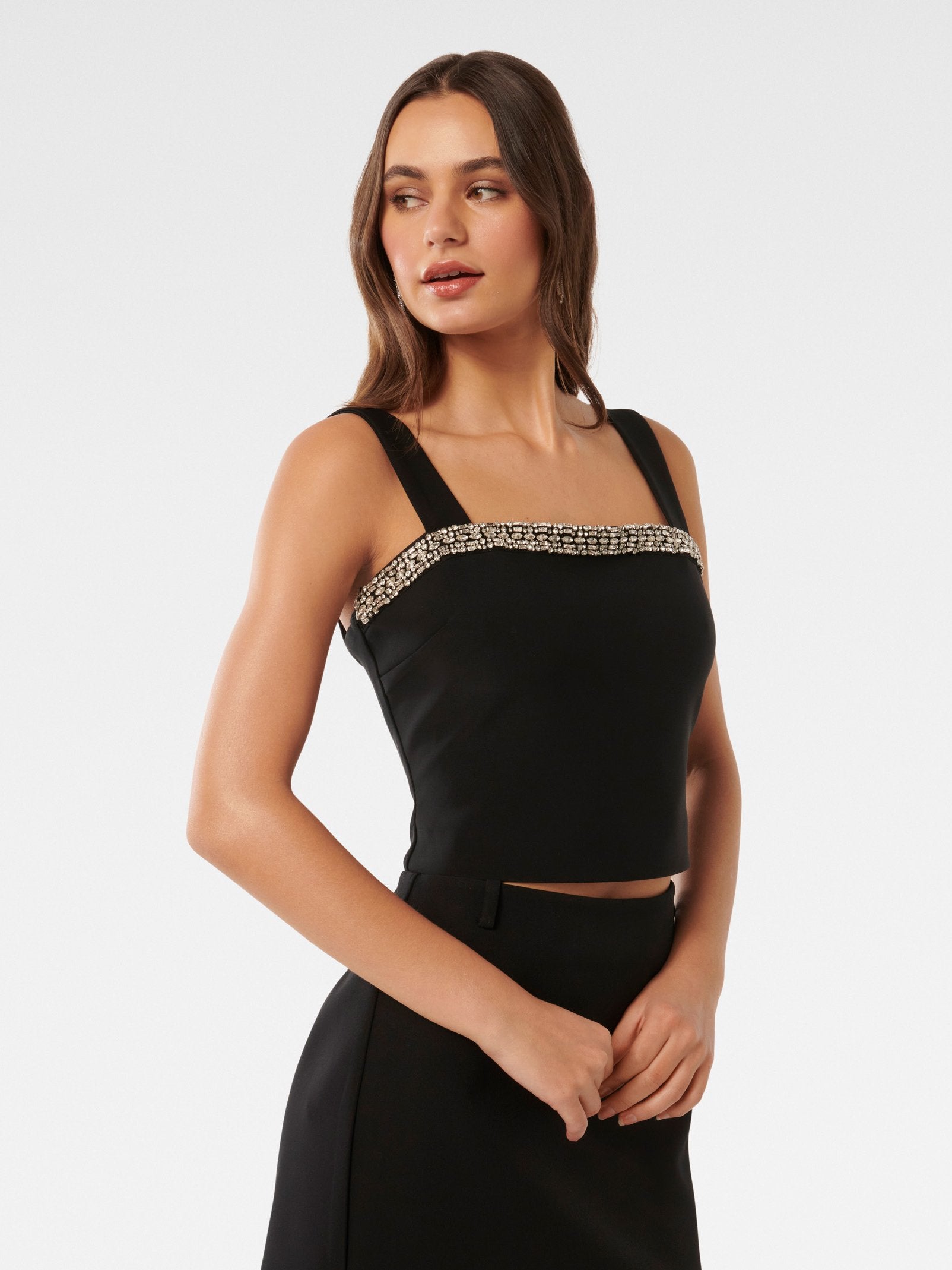  Camilla Embellished Trim Crepe Top