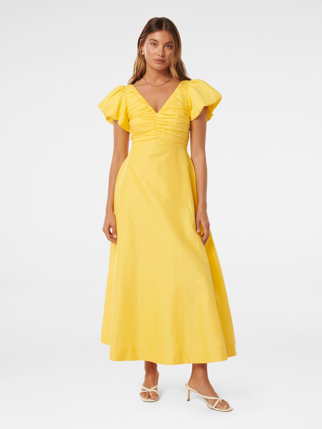 June Ruched Linen Midi Dress