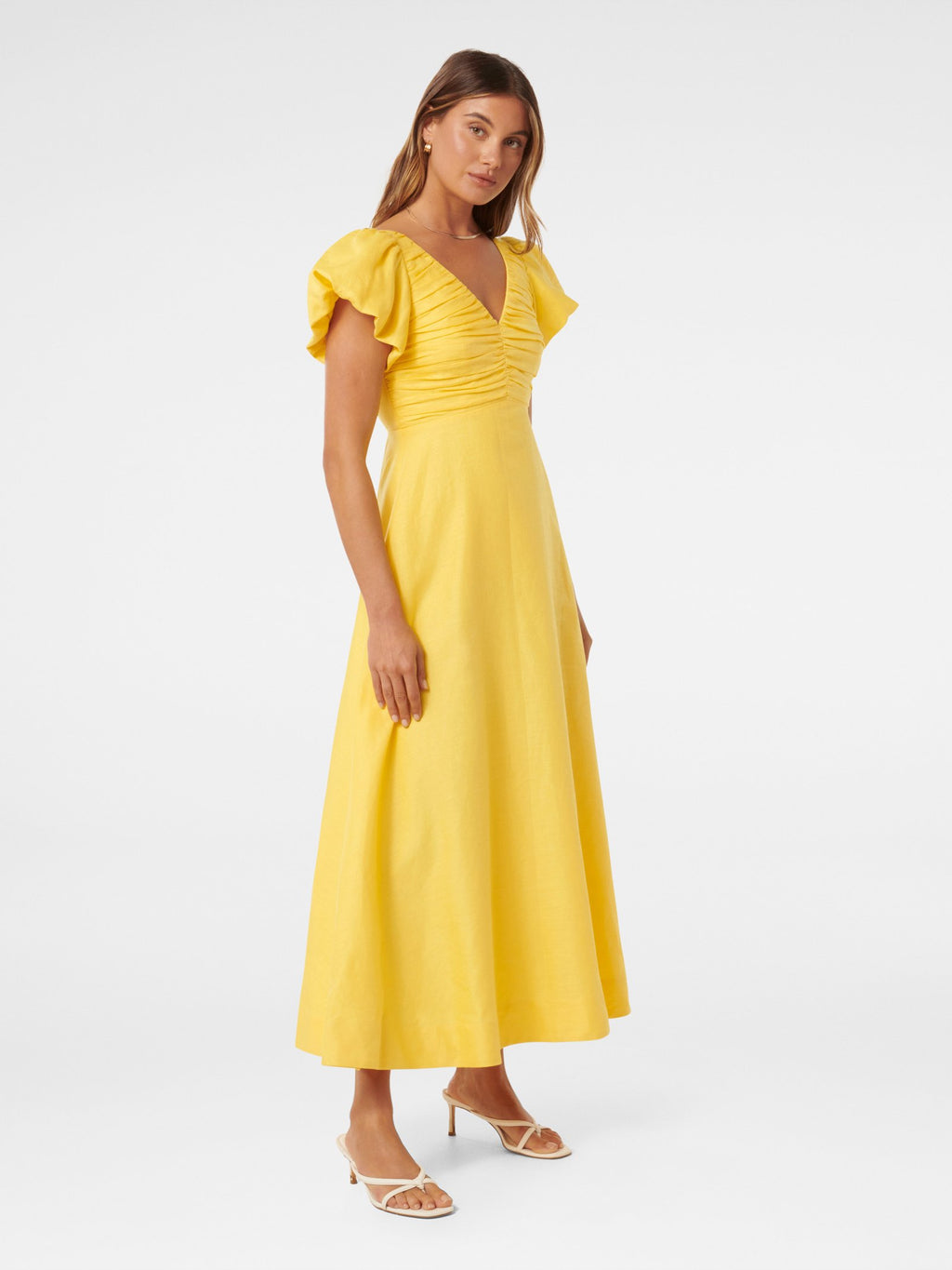  June Ruched Linen Midi Dress