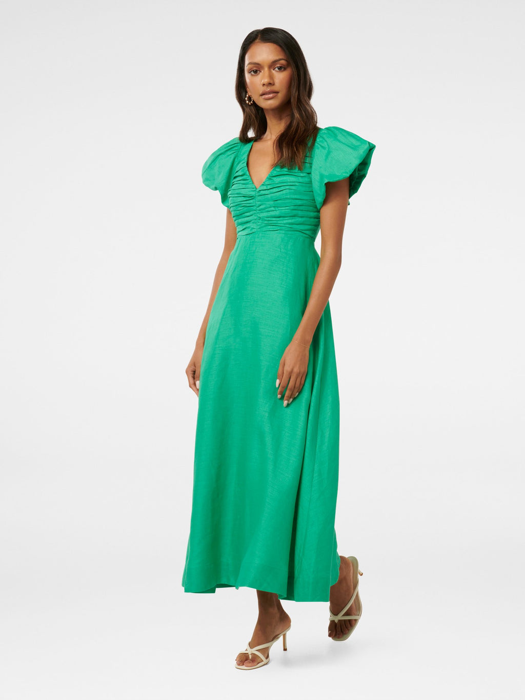 June Petite Ruched Linen Midi Dress