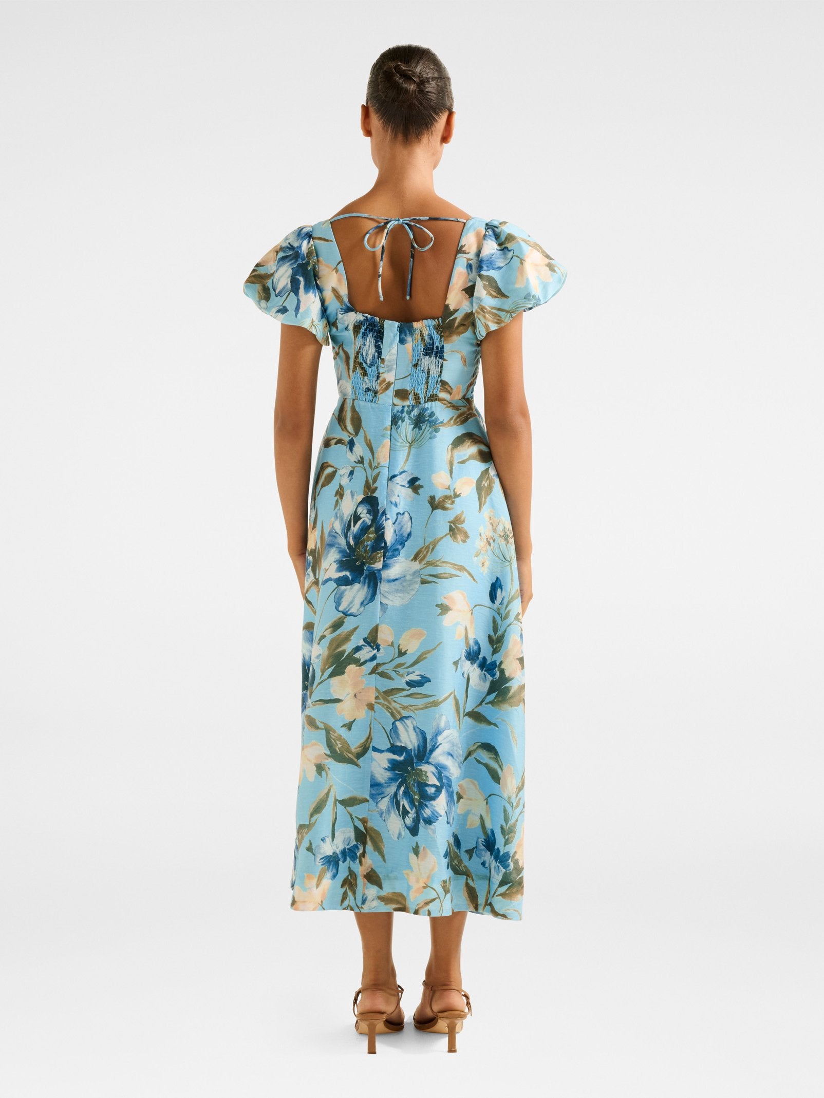  June Ruched V Neck Midi Dress