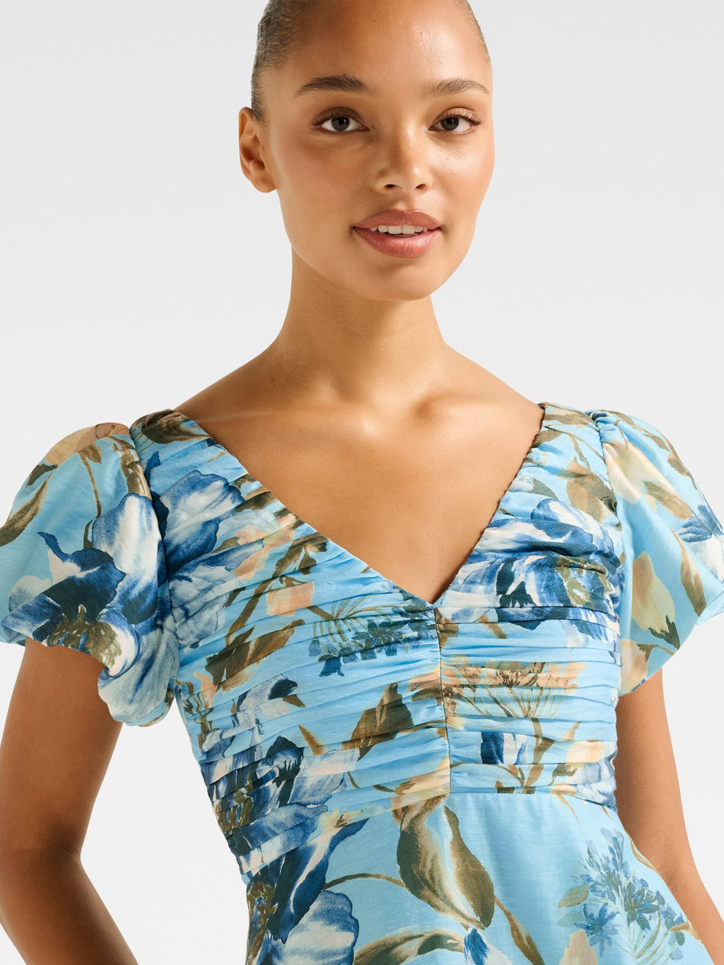  June Ruched V Neck Midi Dress
