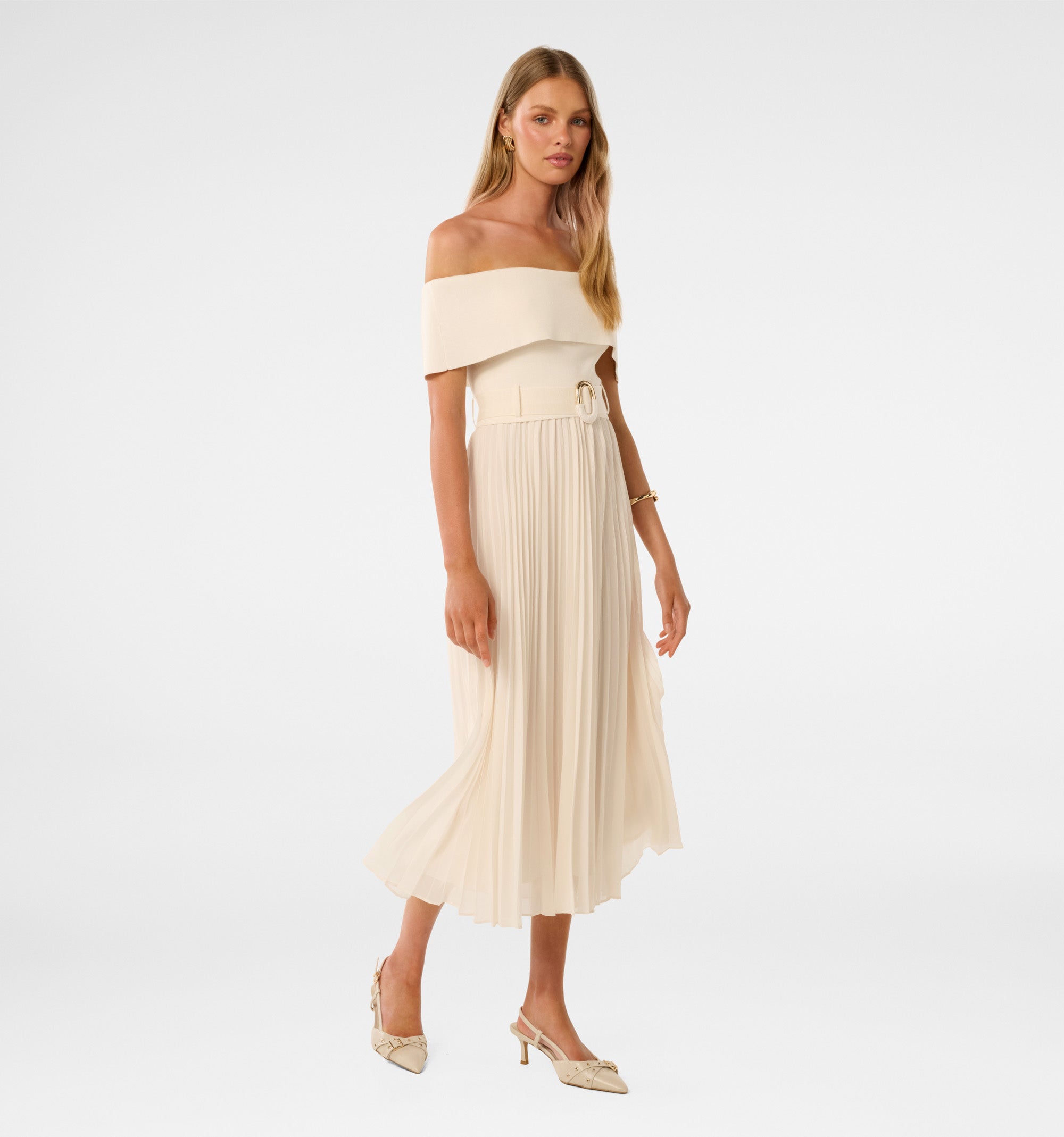 Capri Bardot Pleat Hem Midi Dress