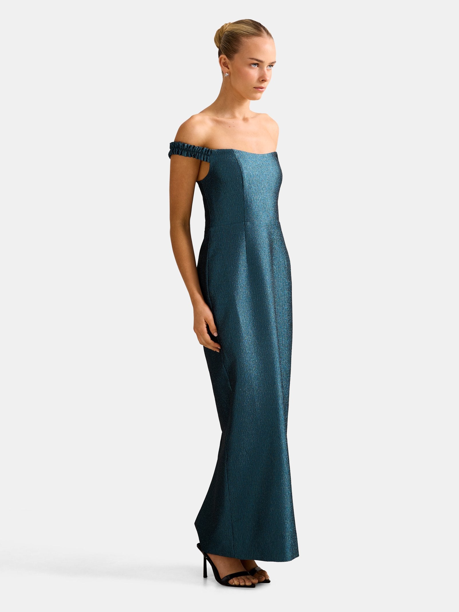 Mindy Bardot Ruffle Midi Dress