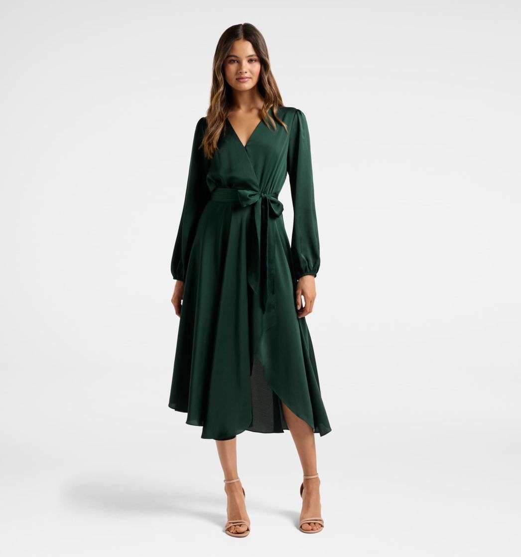 Buy Green Marilyn Satin Wrap Midi Dress at Forever New