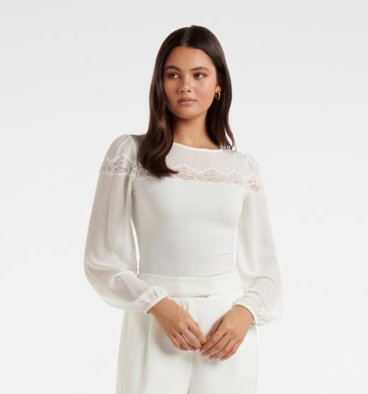 Issy Lace Spliced Sheer Sleeve Top