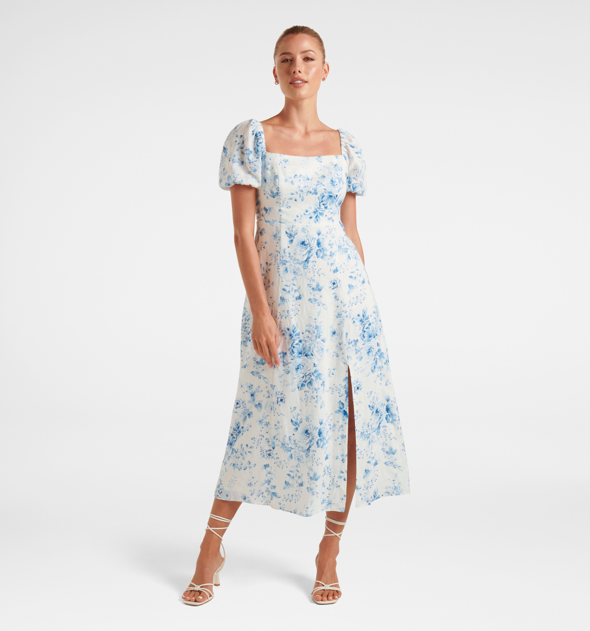 Buy Blue Victoria Flora Carson Linen Square Neck Midi Dress - Forever New
