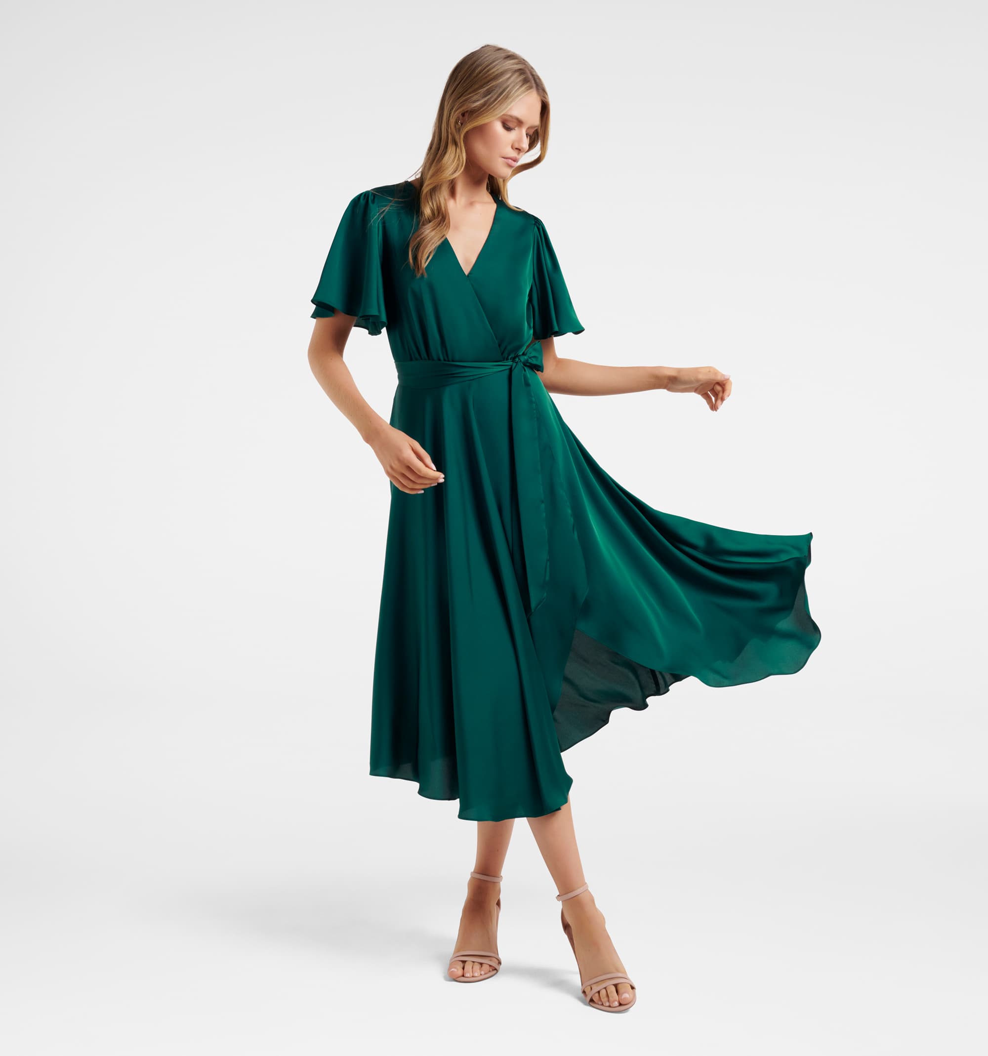 Buy Teal Mona Flutter Sleeve Midi Dress Online - Forever New