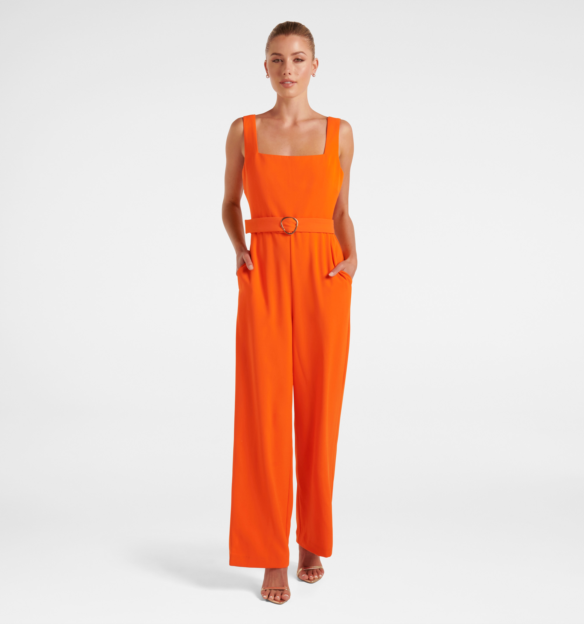 Buy Orange Flame Marie Square Neck Belted Jumpsuit - Forever New