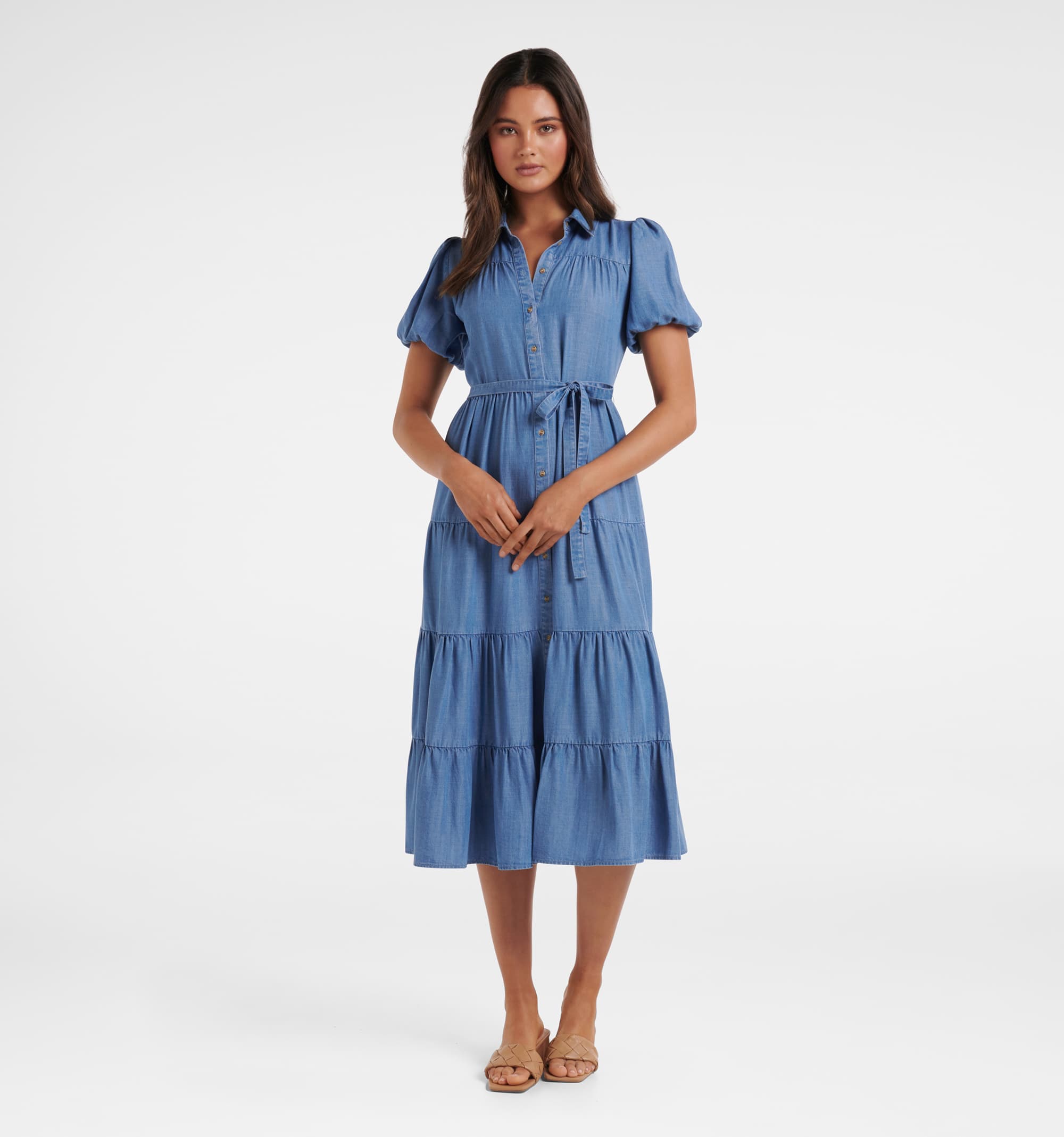 CO - Denim Midi Dress w/ Tie Waist Sz 12 – Current Boutique