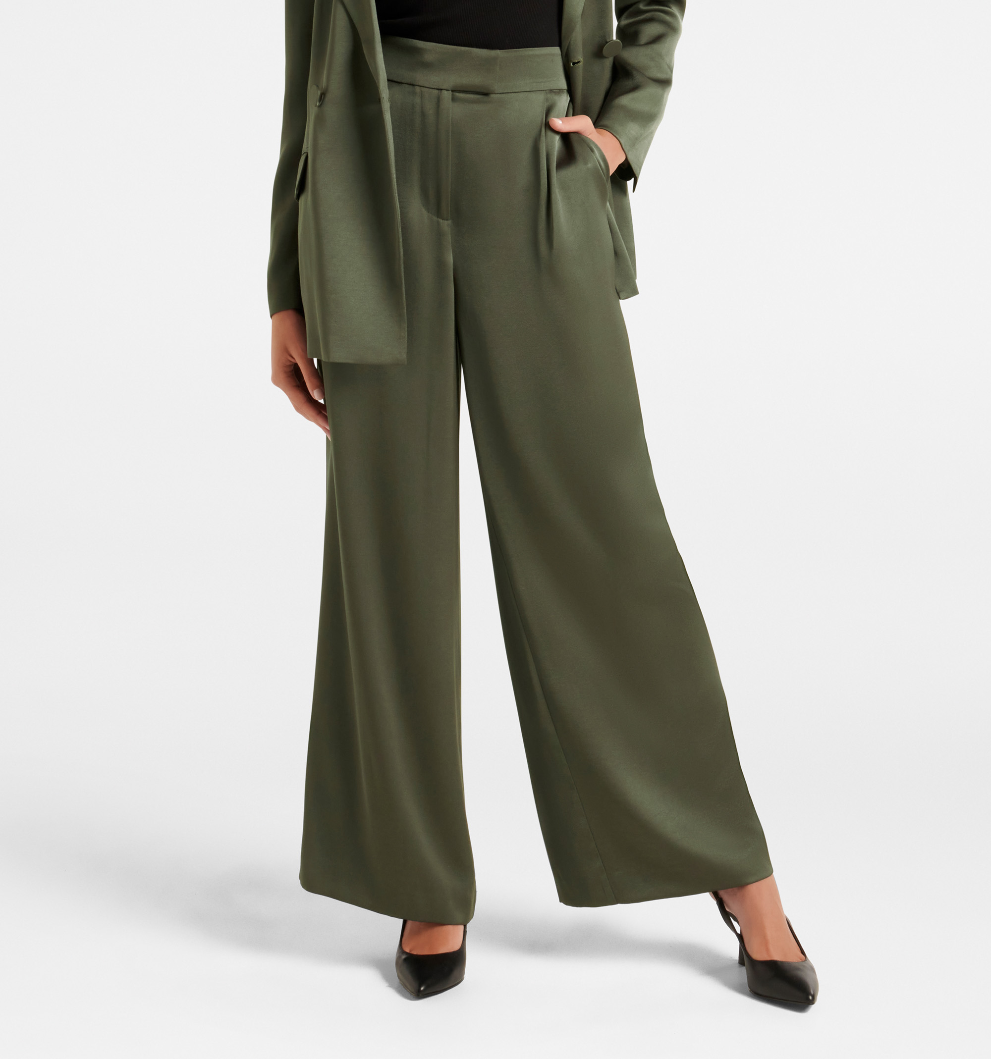 Shop Slate Green Suit Alora Petite Satin Wide Leg Pants Online
