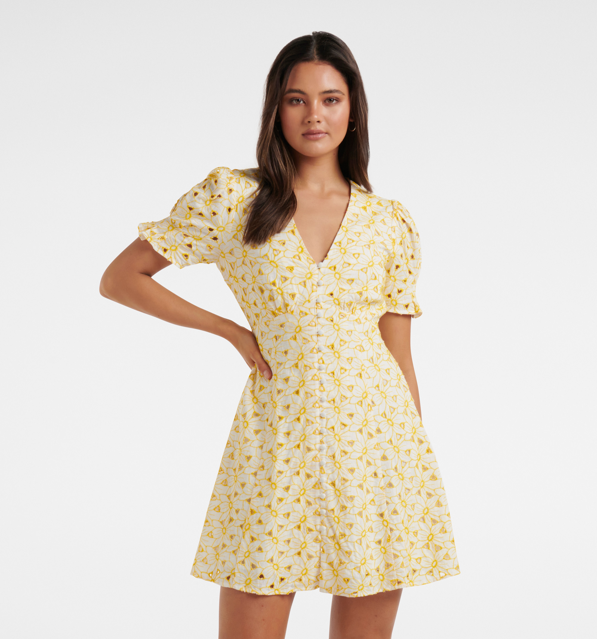 Buy Porcelain / Yellow Saffron Broderie Mini Sun Dress - Forever New