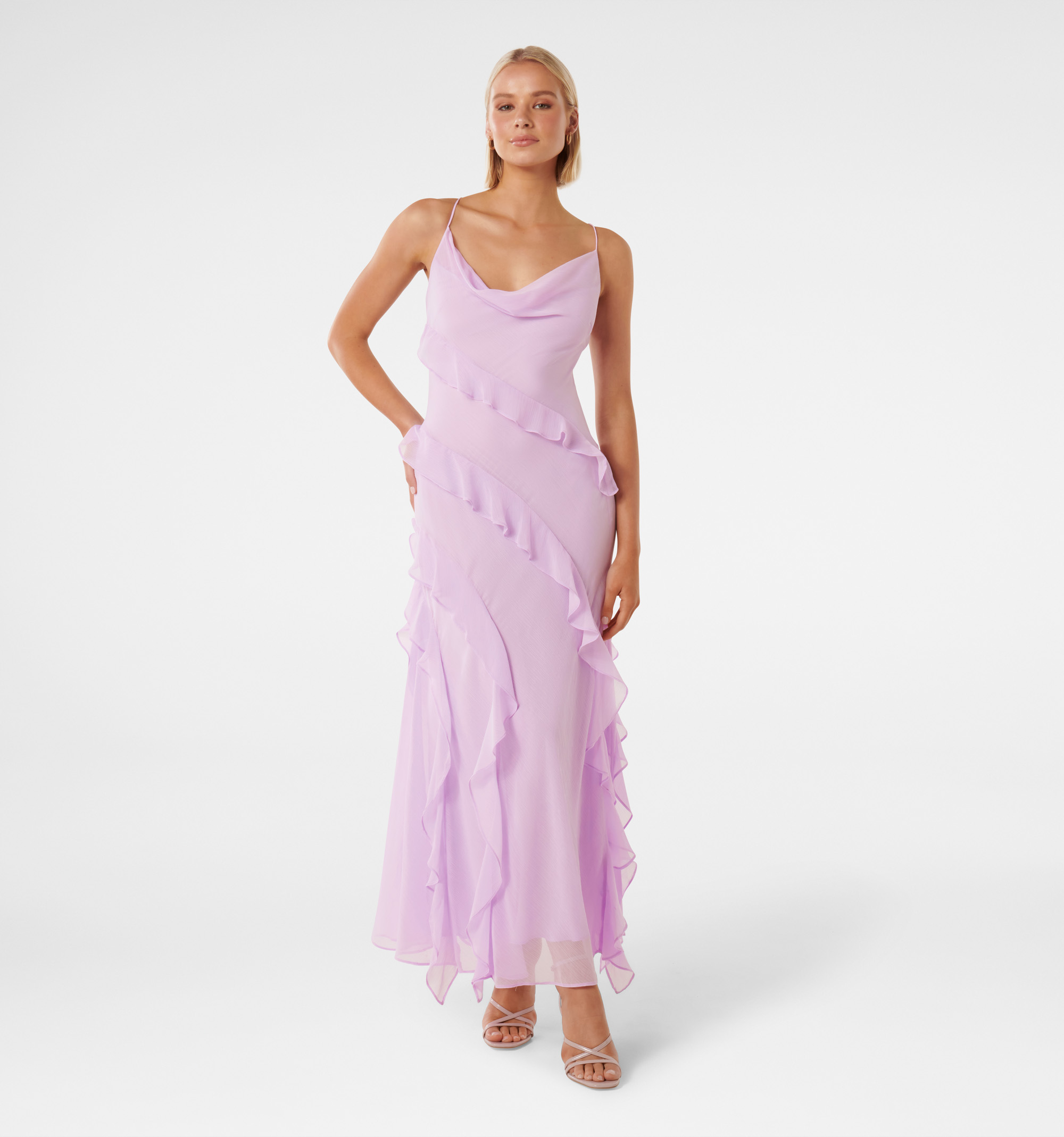 Buy Blossoming Lilac Peta Ruffle Cowl Neck Gown - Forever New