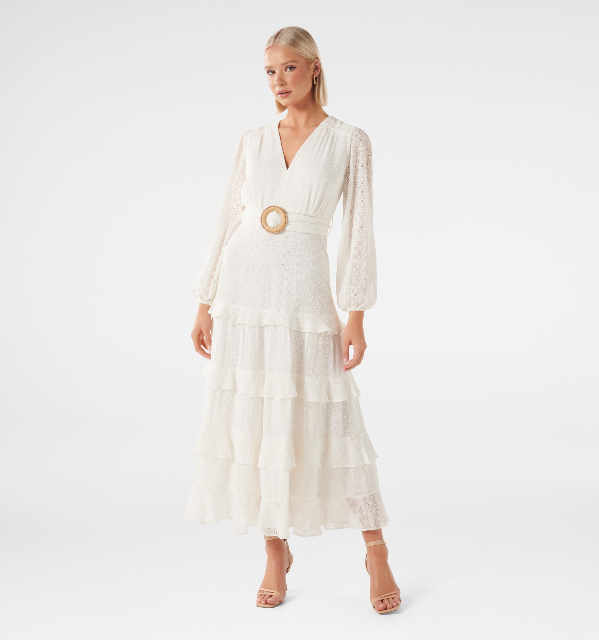 Buy White Hudson Embroidered Ruffle Midi Dress