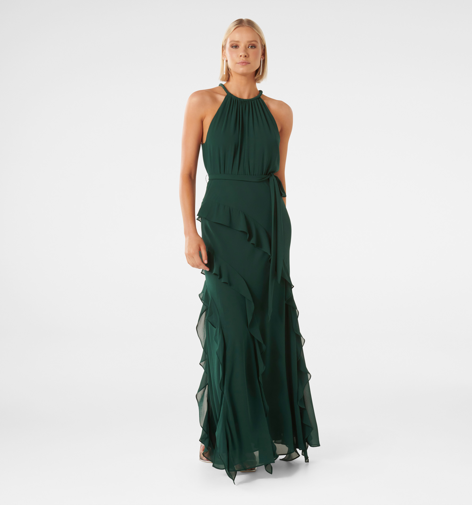 Buy Green Bridie Halter Neck Ruffle Maxi Dress Online