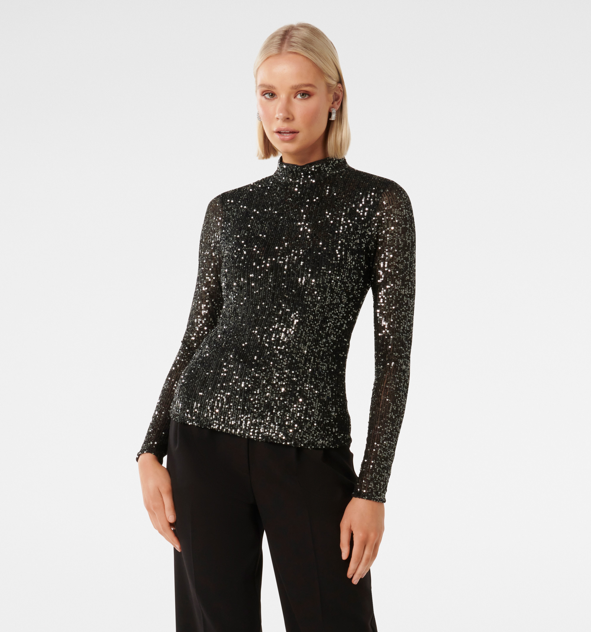 Sequin High Neck Long Sleeved Top